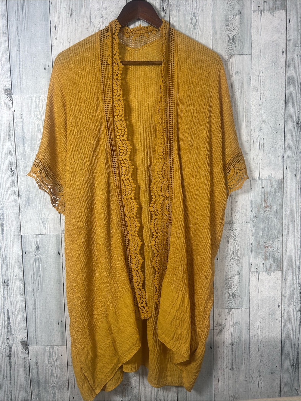 Mustard Yellow Boho Kimono Cardigan Scallop Crochet Lace Trim Oversized One Size